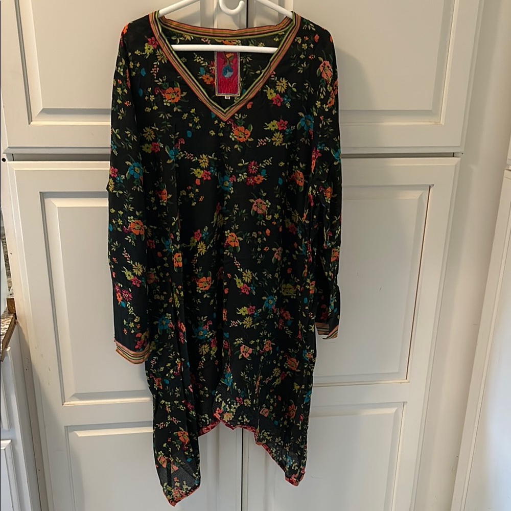 Johnny Was Floral on Black Midi Asymmetrical Cotton Dress Sz 1X